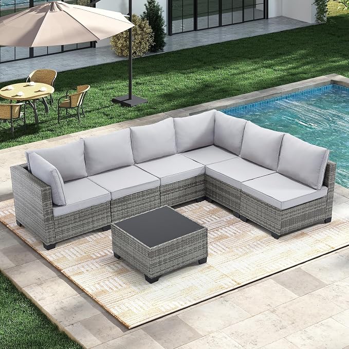 CANMOV 7 Pieces Patio Furniture Sets, All Weather Outdoor Patio Conversation Set, PE Wicker Rattan Sectional Sofa Couch Glass Coffee Table Washable Cushions for Backyard Garden, Poolside, Light Grey