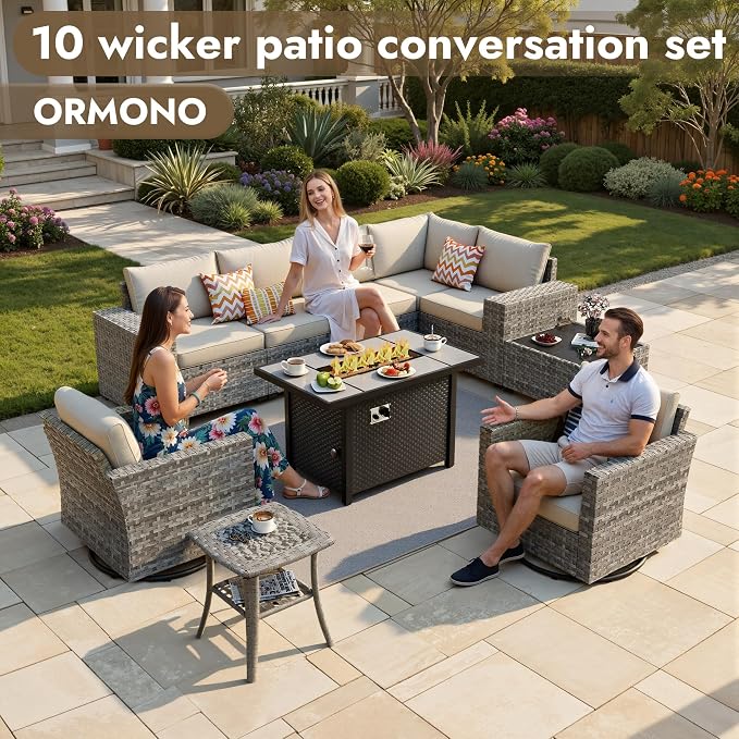 10 Pieces Outdoor Patio Sectional, Wicker Patio Furniture Set with 42 inch Fire Pit Table, All-Weather L Shaped Patio Conversation Set with Swivel Chairs, for Backyard Porch Yard,Beige