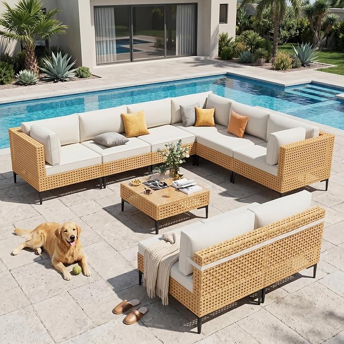 Patio Furniture Set 9 Piece Large Modular Outdoor Sectional Free Combination Outdoor Furniture with Thick Cushion All Weather Wicker Boho Patio Conversation Sets for Porch, Deck