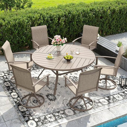 DIFY 7 Pieces Outdoor Dining Set, Metal Patio Table and Chairs Set for 6 with Umbrella Hole, 50" Round Outdoor Table and Textilene Swivel Patio Chairs for Garden, Backyard, Poolside, Sandshell
