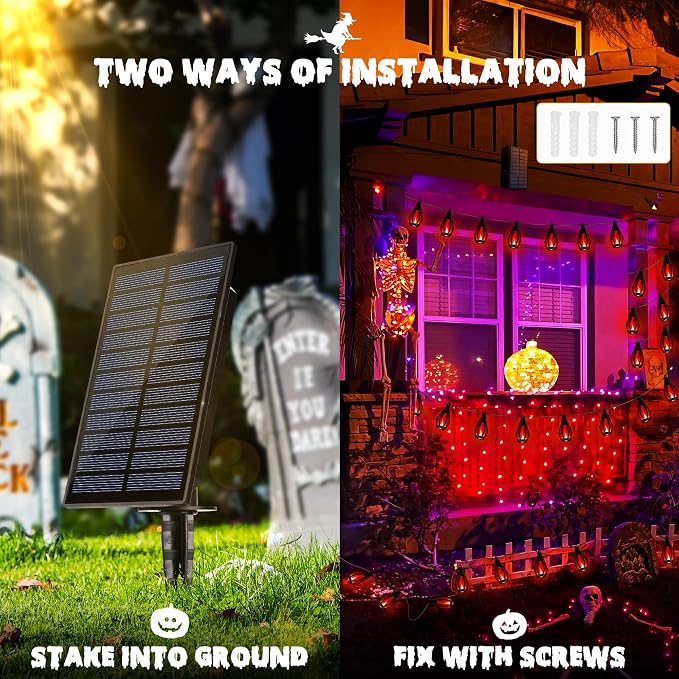 iBaycon 42FT 15 LED Solar Flame Halloween String Lights Outdoor, Red | Ultra-Real Flickering Flame Lamp Outdoor Waterproof, Solar Patio String Lights for Garden Yard Lawn Halloween Decorations