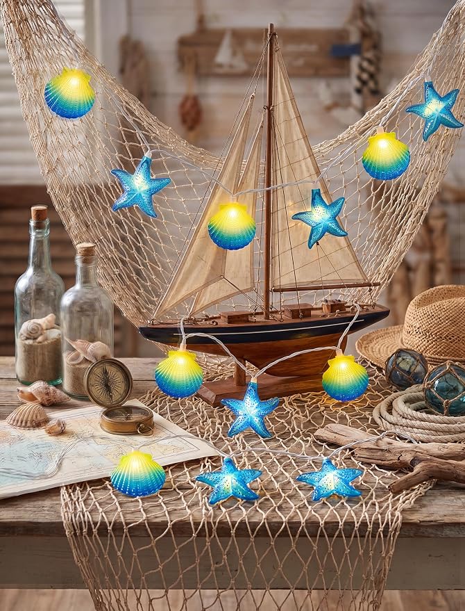 8.5Ft Beach Themed Seashell String Lights, 10 LED Starfish Lights Plug in | 1 Pack Fish Net, Connectable, Hanging Patio Lights UL Listed for Bedroo, Party, Holiday Decor, Indoor Outdoor, ,Wedding