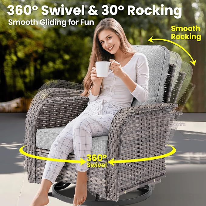 ovios 5 Pieces Patio Furniture Set, Outdoor Wicker Sofa Couch with Swivel Glider Chairs Solar Lights Table, Modern Deep Seat Rattan Conversation Sets for Deck Porch, Dark Grey