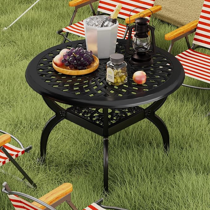 Round Outdoor Coffee Table Set of 2, Cast Aluminum Side Table with Storage,Indoor End Table, All-Weather Bistro Table for Patio Garden Lawn, Black