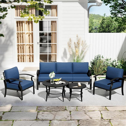 Aluminum Patio Furniture Set with 2 Round Coffee Tables, 5 Seats Outdoor Patio Conversation Sets w/5.1" Cushions,Patio Conversation Sets for Garden, Backyard, Porch-Navy