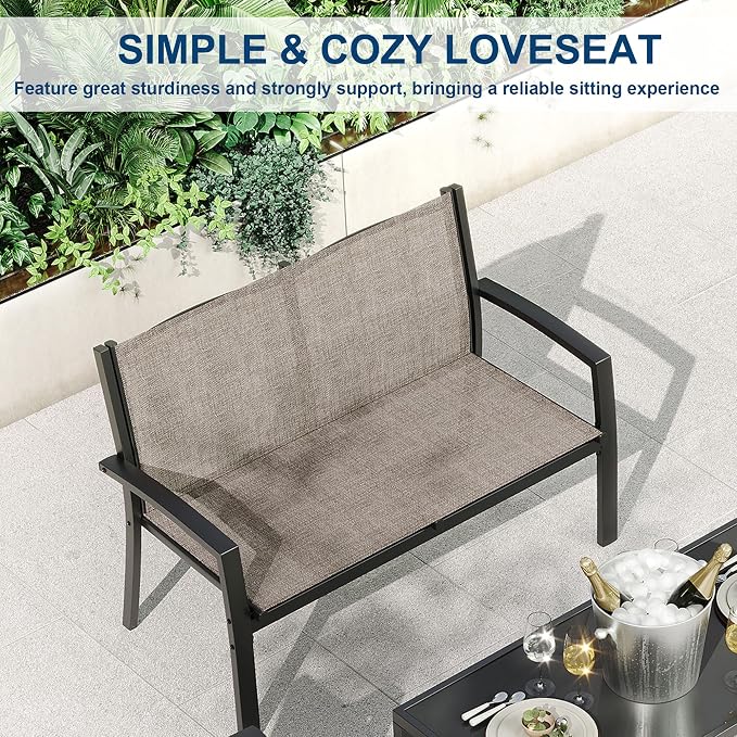 Garvee 4 Piece Patio Bistro Furniture Set, Outdoor Conversation Set with 3 Chairs, Loveseat & Glass Coffee Table, All-Weather Textilene Fabric & Steel Frame for Backyard, Poolside, Porch, Lawn - Brown