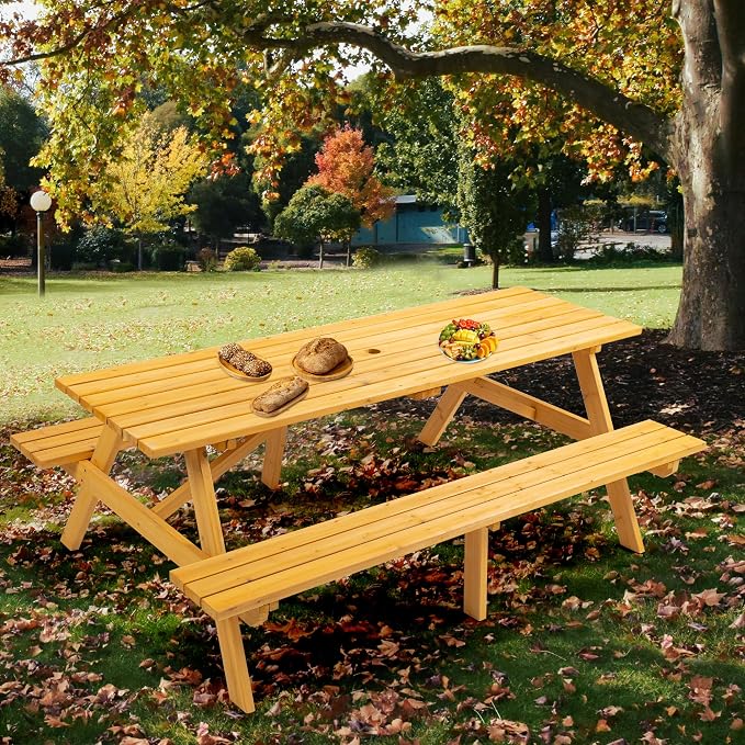 Hohuqeri Wood Picnic Table, 75" Tabletop with Umbrella Hole, 8 Person Outdoor Wooden Picnic Table Bench Set for Patio, BBQ, Dining, Yellow