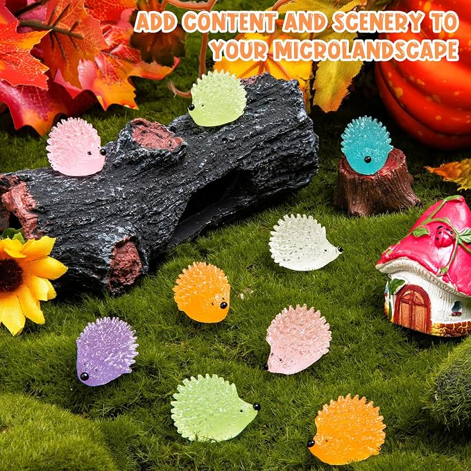 60PCS Luminous Mini Resin Hedgehogs Tiny Resin Hedgehogs for Dollhous | Cute Miniature Hedgehog Figures Glow in The Dark, Micro Landscape DIY Home Outdoor Decor