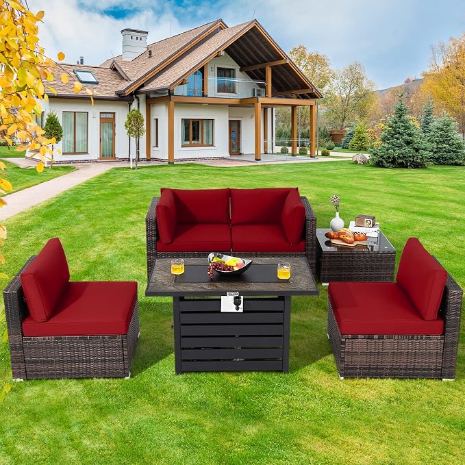 Tangkula 6-Piece Patio Furniture Set with 42 Inches Propane Fire Pit Table, Outdoor Wicker Conversation Set with Cushions and Tempered Glass Coffee Table, 50,000 BTU Gas Fire Pit Table (Red)