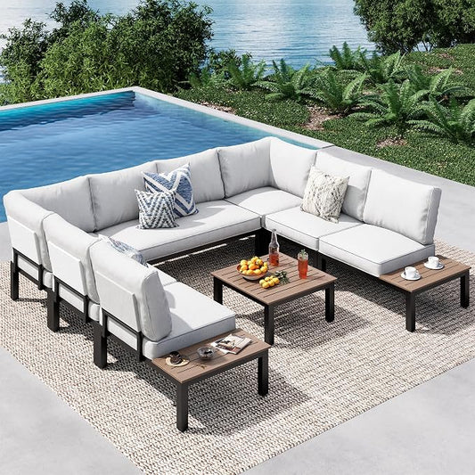 PHI VILLA 8 Pieces Outdoor Patio Furniture Set,Metal Frame Modern Outdoor Sectional Sofa Set,8 Seats with Umbrella Patio Conversation Sets,for Poolside and Backyard,Light Grey