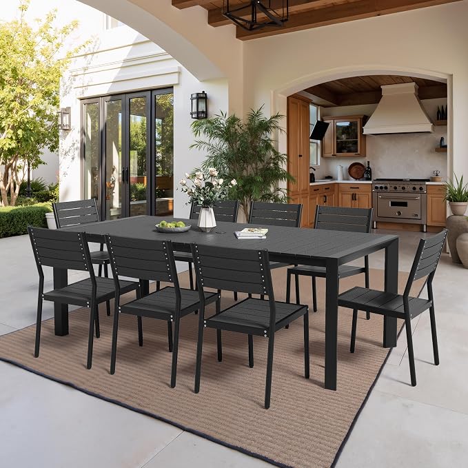 Crestlive Outdoor Dining Table for 8, Patio Table with Umbrella Hole, Aluminum Frame & WPC Wood-Like Tabletop Ideal for Garden, Backyard, and Indoor