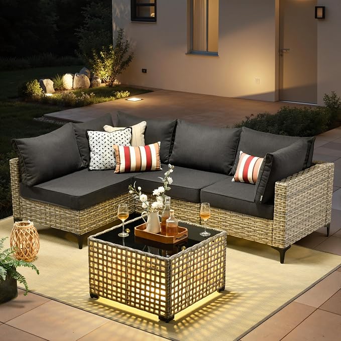 5 Pieces Patio Furniture Set with Solar Light Coffee Table, All-Weather Wicker Outdoor Sectional Conversation Sets L Shaped Sofas for Outside Porch Balcony Backyard Black