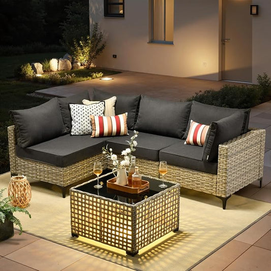 5 Pieces Patio Furniture Set with Solar Light Coffee Table, All-Weather Wicker Outdoor Sectional Conversation Sets L Shaped Sofas for Outside Porch Balcony Backyard Black