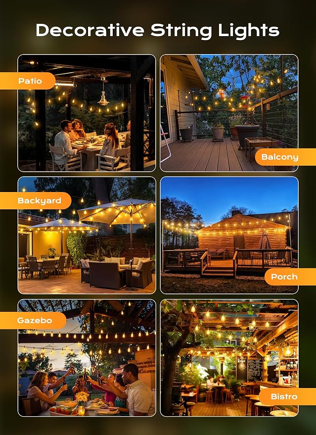 Brightown Outdoor String Lights, 50FT 18+1 LED ST38 LED Patio Lights Shatterproof, Dimmable IP65 Waterproof Connectable Hanging Outdoor Light for Backyard, Porch, Deck, Balcony