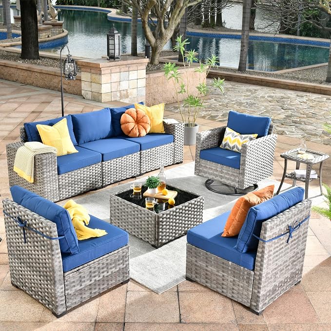 HOOOWOOO Outdoor Patio Sectional Furniture Sofa Set with Swivel Rocking Chair,8 Piece Modern Wicker Couch with Widened Armrest,Modular Conversation Seating Set for Garden(Navy Blue)