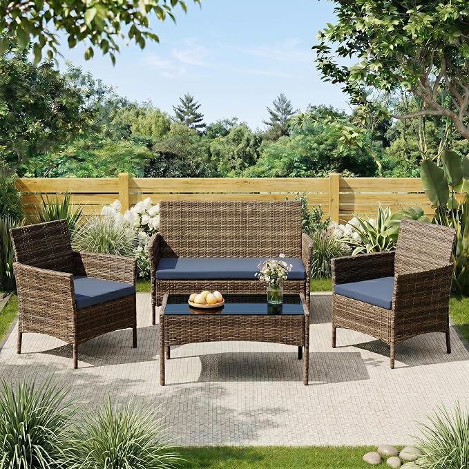 4 Pieces Outdoor Patio Furniture Set, Wicker Patio Conversation Set with Tea Table, All-Weather Outside Rattan Sectional Sofa for Backyard, Poolside, Garden, Balcony, Brown/Navy