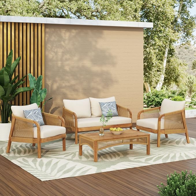 Merax 4-Piece Outdoor Acacia Wood Wicker Patio Conversation Set with Loveseat,2 Chairs and Coffetable,Faux Rattan Accents