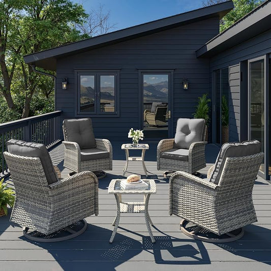 6-Piece Patio Rocking Swivel Chair Outdoor Wicker Rattan Bistro Set High Backrest, Patio Conversation Set Outdoor Patio Furniture Set for Garden, Deck, and Balcony, Grey
