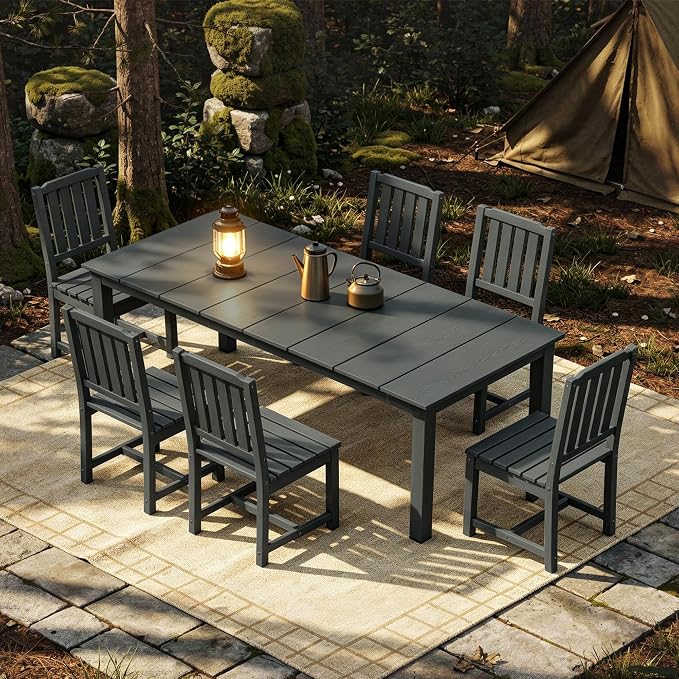 AreShark 7-Piece Outdoor Dining Set,HDPE Patio Table with 6 Armless Chairs,All-Weather Patio Furniture Set with Umbrella Hole,Low Maintenance Wood Grain Dining Set for Backyard,Garden,Poolside,Black