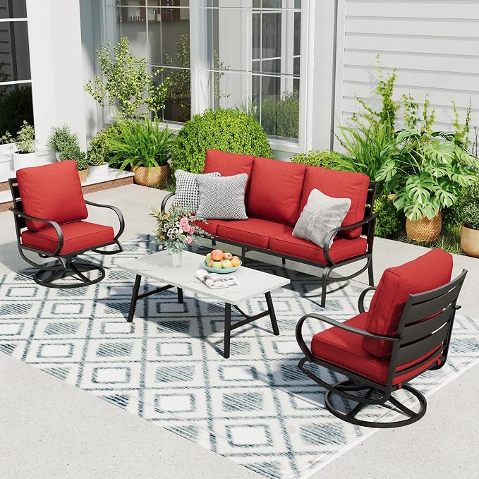 Sophia & William Patio Furniture Sets 5 Seats Outdoor Metal Conversation Sets 4 Pcs with 2 x Cushioned Swivel Sofa Chairs,1 x 3-Seat Sofa, 1x Marbling Metal Coffee Table Lawn Backyard Poolside Red