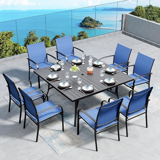 SUNSHINE VALLEY Patio Dining Set for 8, 57.5" x 57.5" Square Metal Table with Umbrella Hole, 8 x Stable Dining Chairs, Outdoor Table and Chairs Set for Lawn Backyard and Deck, Blue