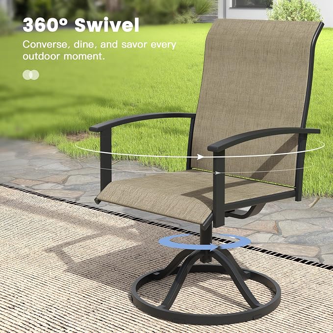 VICLLAX 3 Pieces Patio Outdoor Dining Set, 2 Swivel Textilene Chairs and 27.6" Square Metal Table with Storage for Porch, Deck, Garden, Walnut/Brown