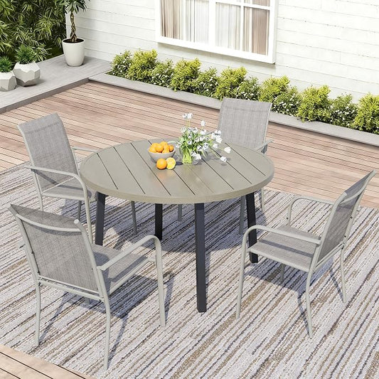 5 Piece Patio Dining Set for 4, 42” Honey Oak Round Table with Umbrella Hole and 4 Grey Patio Stackable Chairs, Patio Table and Chairs for Backyard, Lawn, Deck & Garden