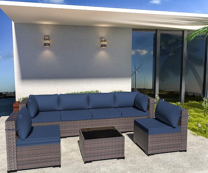 Outdoor Patio Furniture Set, 7 Pieces Outdoor Sectional Furniture Patio Sofa, All-Weather PE Rattan Patio Conversation Set with Tempered Glass Top Table & Cushions(Navy Blue).