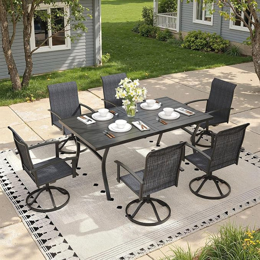 7 Pieces Patio Dining Set, Outdoor Furniture of 70.9" Rectangular Patio Table and Patio Swivel Chairs for Backyard Lawn Garden, Black Table and Black Chairs