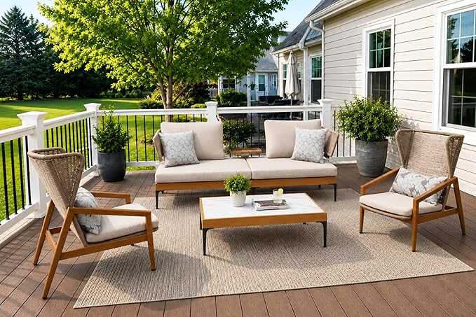PURPLE LEAF 4 Pieces Patio Conversation Furniture Set Outdoor Aluminum Modern Wicker Sofa Chairs Sets with Coffee Table for Balcony Yard Garden Poolside, Cushions and Pillows Included