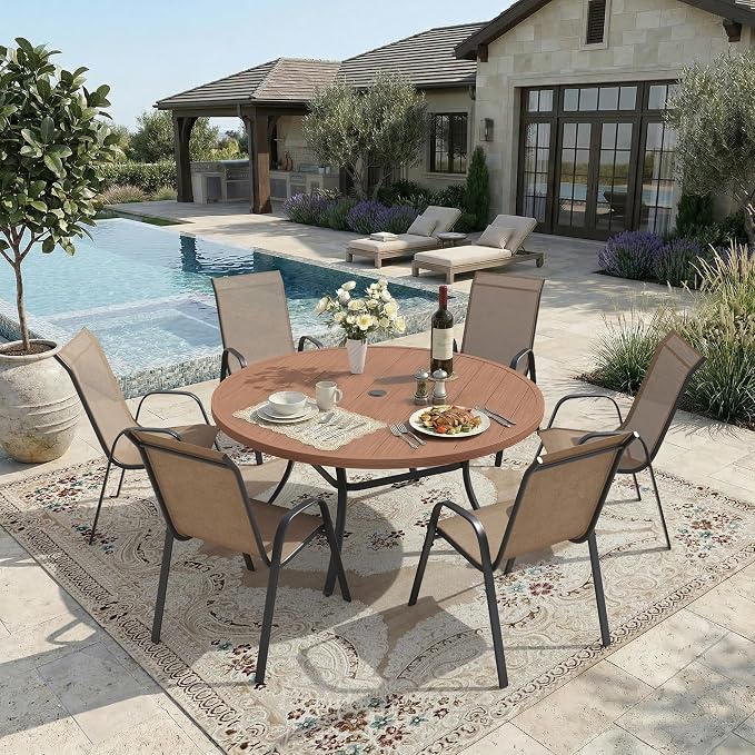 DIFY 7 Piece Outdoor Dining Set, 50" Walnut Round Metal Patio Table and Brown Textilene Stackable Chairs for 6, All Weather Patio Furniture Set with Umbrella Hole for Backyard Garden Deck