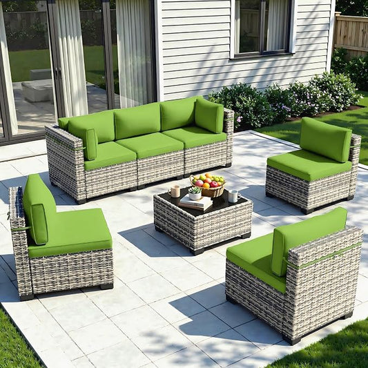 7-Piece Patio Furniture Set, Outdoor Sectional with Thick Cushions, Modular Patio Sofa, Dual-Strand Wicker Rattan, Rust-Resistant Frame, Backyard Furniture for Garden, Deck, Grass Green