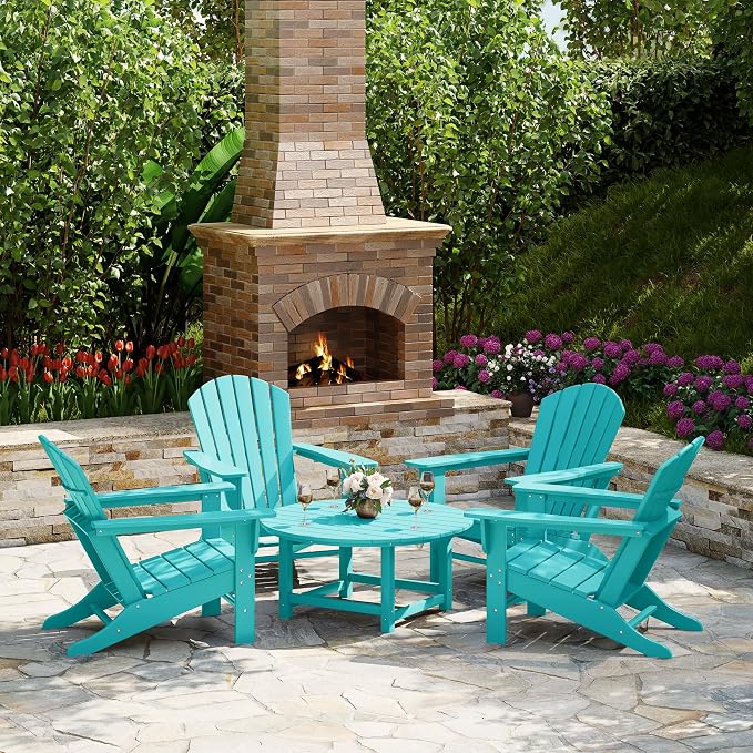 Costaelm Patio Conversation Set, Outdoor Chairs Set of 5 Balcony Firepit Furniture Outdoor Adirondack Round Table and Chair Backyard Furniture Set for Lawn Porch Pool Garden, Turquoise