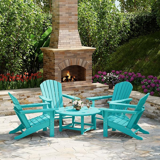 Costaelm Patio Conversation Set, Outdoor Chairs Set of 5 Balcony Firepit Furniture Outdoor Adirondack Round Table and Chair Backyard Furniture Set for Lawn Porch Pool Garden, Turquoise