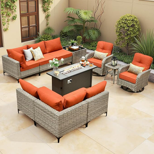 Outdoor Sectional Patio Furniture Set with Fire Pit Table,11 Pieces Rattan Wicker Conversation Sets L Shaped Couch,Out Door Furniture with Swivel Chairs Glowing Coffee Table,Orange Line