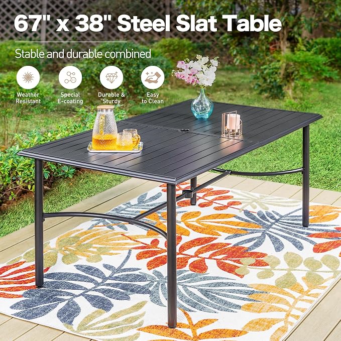 SUNSHINE VALLEY 67" Patio Dining Table for 6,Large Rectangle Patio Table with Umbrella Hole,E-Coating and Powder Coating Steel Frame Metal Outdoor Patio Table for Garden Backyard Lawn Yard