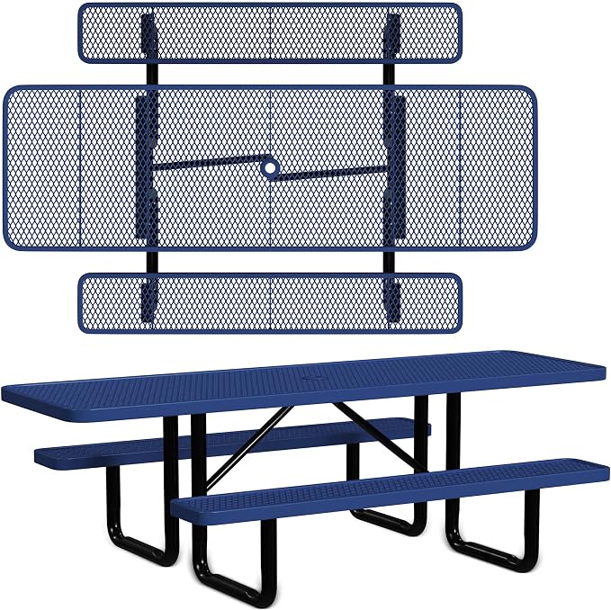 Leisure Craft Metal Picnic Table with Bench - 8 ft Rectangle Outdoor Dining Table with Umbrella Hole, Heavy Duty Thermoplastic Coating, ADA Compliant, Commercial Grade Furniture Made in USA - Navy