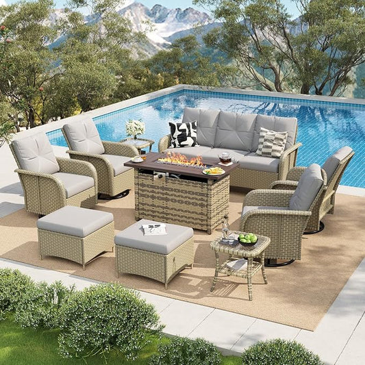 LazySunsets 12 Piece Outdoor Patio Furniture Set with 44'' Fire Pit Table, Wicker Rattan Outdoor Furniture with High Back Swivel Rocker Chairs, Outdoor Sofa Set with Thick Cushions & Ottoman, Grey