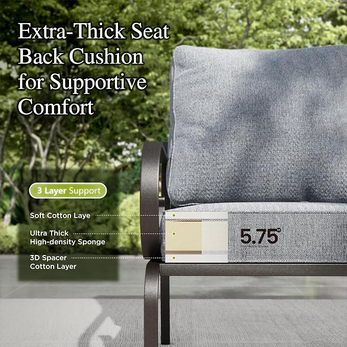 Sophia & William Patio Conversation Set for 4, 4 Rocking Chairs and a 28" Square Fire Pit Table, Metal Outdoor Furniture with 5.75" Extra Thick Cushions, Grey
