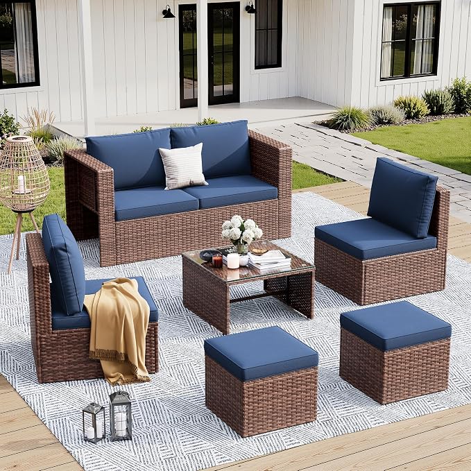 Amopatio Patio Furniture Set, Space-Saving Nestable All-Weather Wicker Outdoor Conversation Sofa Set with Glass Coffee Table, Cushions & Ottomans for Deck Backyard Porch Lawn Navy Blue