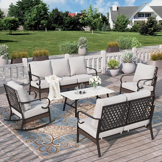 HERA'S HOUSE 5 Piece Metal Patio Furniture Set, 7 Seats All Weather Outdoor Conversation Set, 3 Seat Sofa with Loveseat, 2 Rocking Chairs, Coffee Table for Backyard, Garden, Deck, Light Grey
