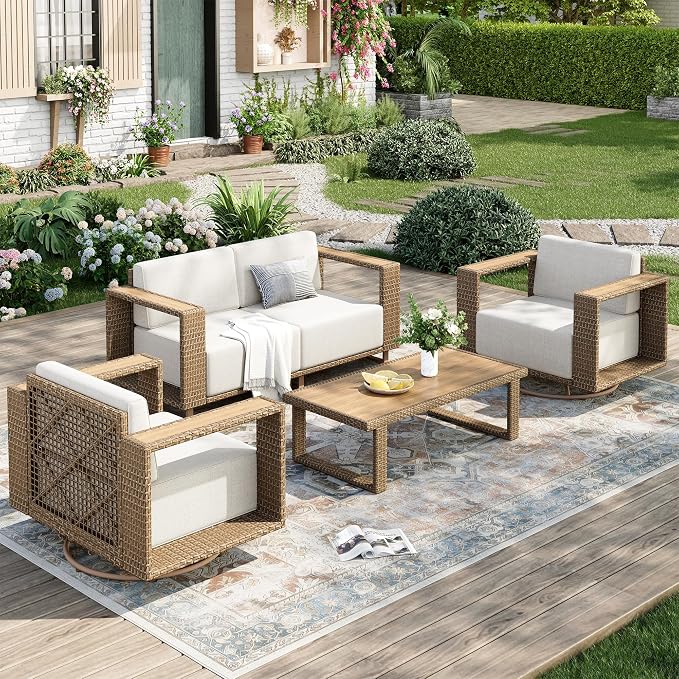 MIXPATIO Patio Furniture Set with Swivel Chairs, 4 Piece Outdoor Wicker Sofa Couch with 10" Thick Cushions, Yellow Rattan Deep Seating Conversation Set with Table, Low Profile Deck Yard Lawn Furniture