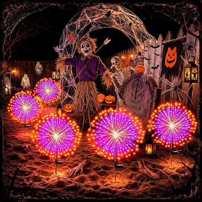 Tujoe 8 Pcs Halloween Solar Firework Stake Lights 180 LED 8 Modes Solar Waterproof LED Sparkler Lights Outdoor Decoration for Garden Patio Yard Pathway Walkway Lawn(Orange-Purple)