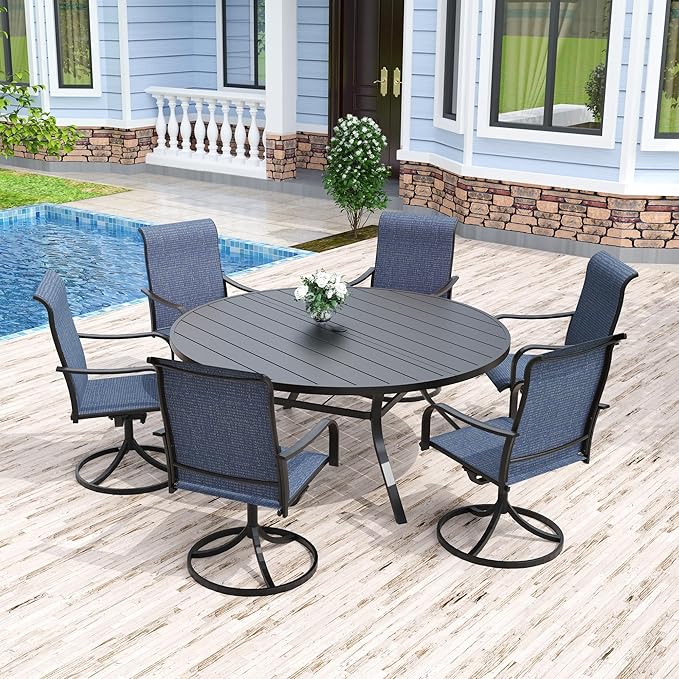 Anmutig 58" Outdoor Patio Round Dining Table, Large Metal Slatted Round Tabletop with Adjustable Umbrella Hole for Deck Lawn Garden Backyard Balcony Deck, Black