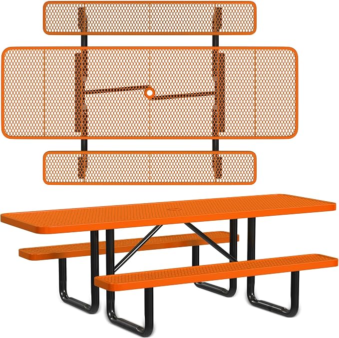 Leisure Craft Metal Picnic Table with Bench - 8 ft Rectangle Outdoor Dining Table with Umbrella Hole, Heavy Duty Thermoplastic Coating, ADA Compliant, Commercial Grade Furniture Made in USA - Orange