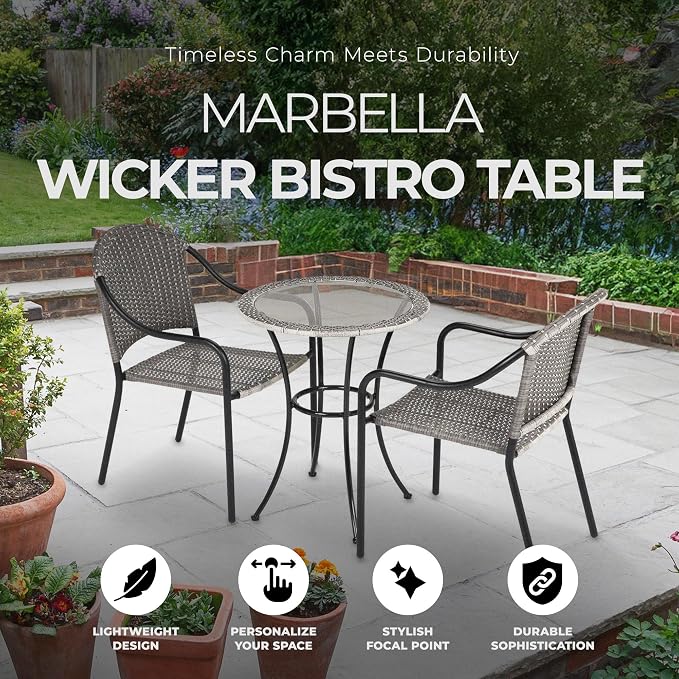 Four Seasons Courtyard 24 Inch Round Marbella Wicker Bistro Patio Table Portable Outdoor Backyard Deck Furniture with Glass Tabletop, Gray/Black