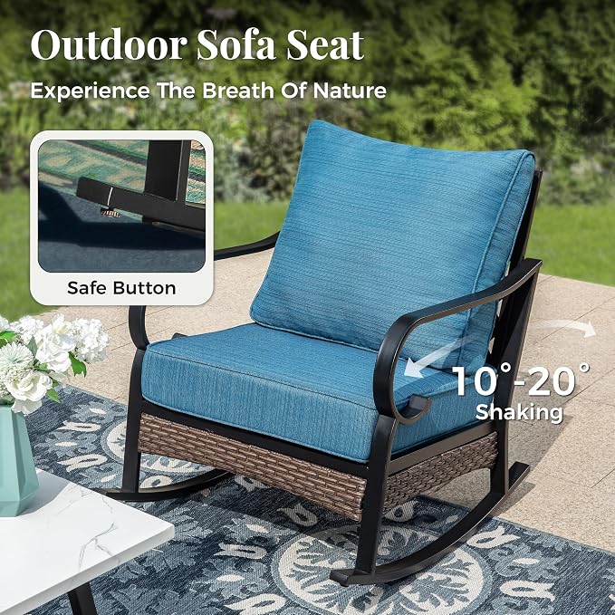 MIXPATIO Patio Furniture Set with Fire Pit Table, 4 PCS Metal Outdoor Conversation Set with 5.75'' Extra Thick Cushion, 2 Rocking Chairs, Loveseat Sofa and Gas Fire Pit Table, Pacific Blue