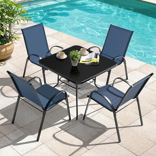 NUU GARDEN 5-Piece Patio Dining Set, Square Metal Table & Stackable Chairs | 31.5-inch square bistro table with built-in umbrella hole. 4 stackable lawn chairs with black and blue design