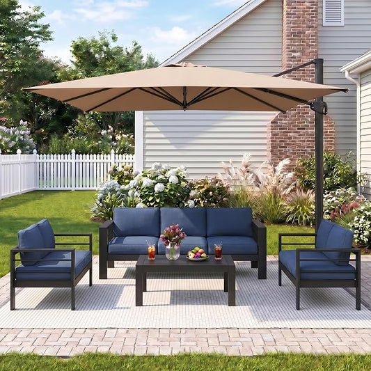 Wisteria Lane 5 Pieces Aluminum Patio Furniture Set with Umbrella, All Weather Oversized Outdoor Furniture Set with Deep Seat and Back Cushion, Patio Conversation Sets with Wide armrest, Blue & Kahki