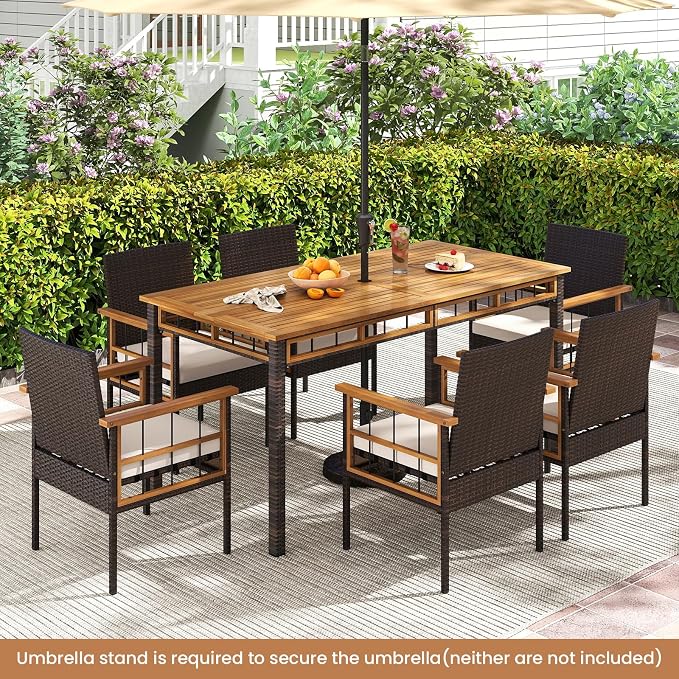 Tangkula 7 Pieces Wicker Patio Dining Set, Outdoor Acacia Wood Rectangular Table with 1.97” Umbrella Hole and Cushioned Chairs, Outside Conversation Furniture Set for Deck, Garden and Backyard